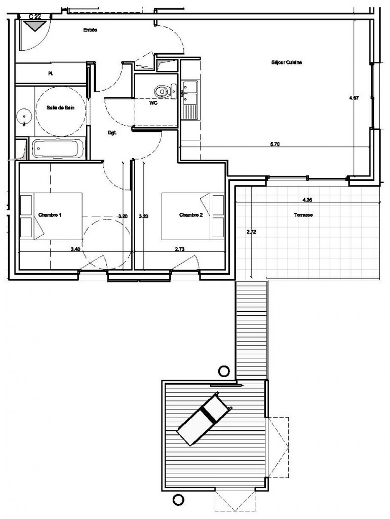 plan appartement 2 chambres 50m2